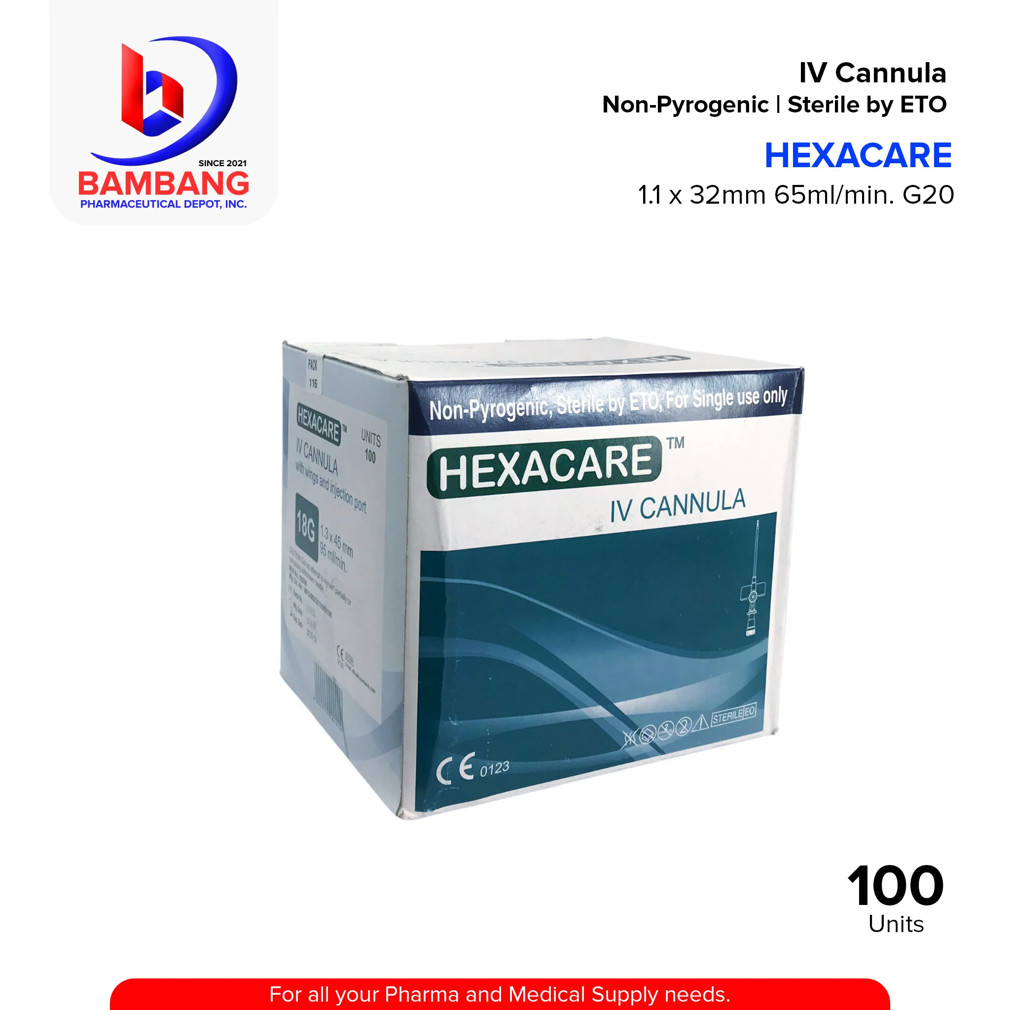 HEXACARE IV Cannula With Wings And Injection Port 1.1 x 32mm 65ml/min 20g 100's - Image 3