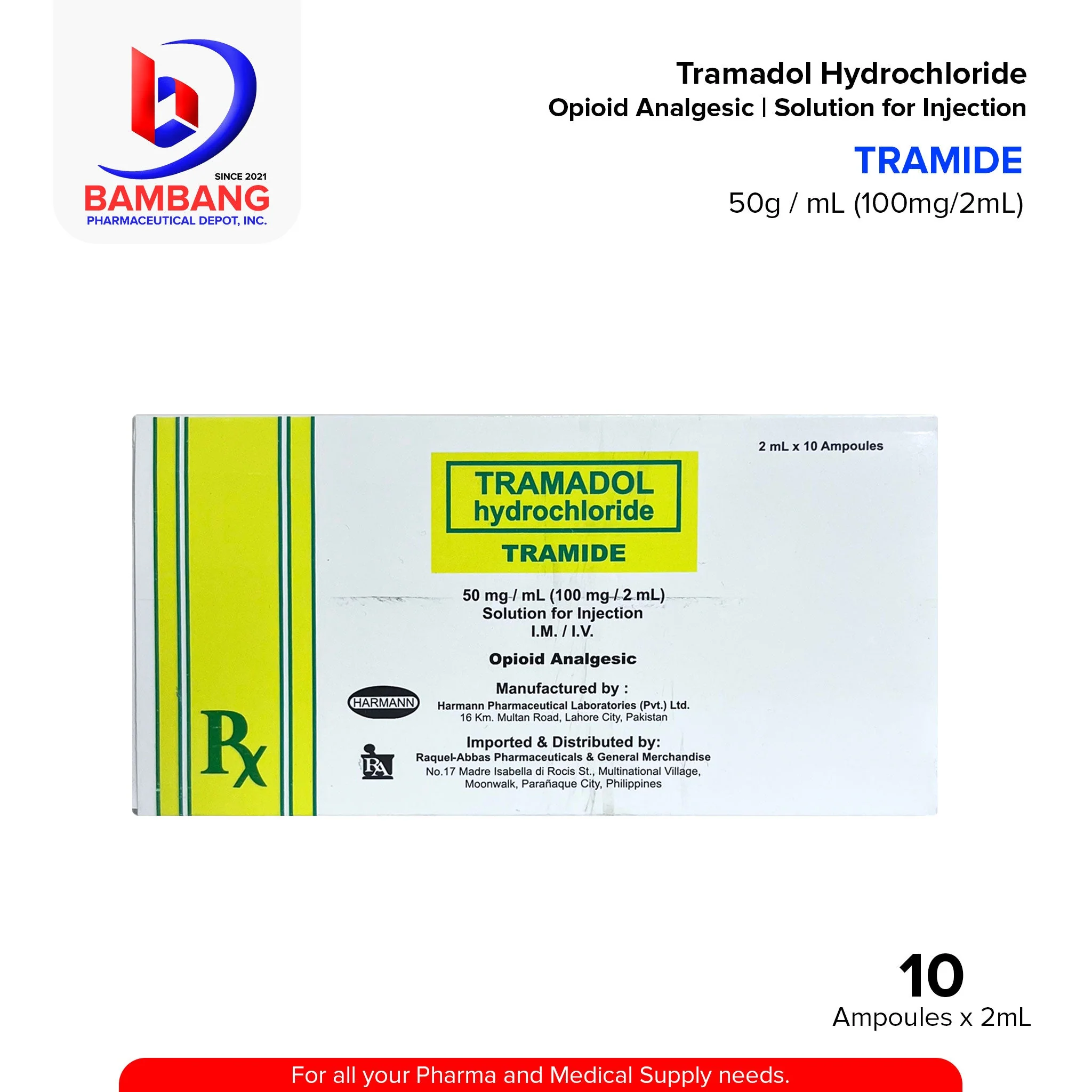 TRAMIDE Tramadol Hydrochloride 50mg / ml (100mg / 2ml) Solution for Injection IM/IV 2ml x Ampoule 10's - Image 3